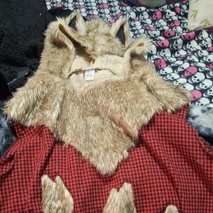 Faux Fur Hooded wolf Vest with Red Plaid